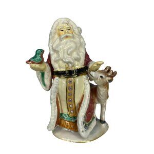 Santa Claus Trinket Box with Reindeer & Bird – Hand-Painted Holiday Collectible